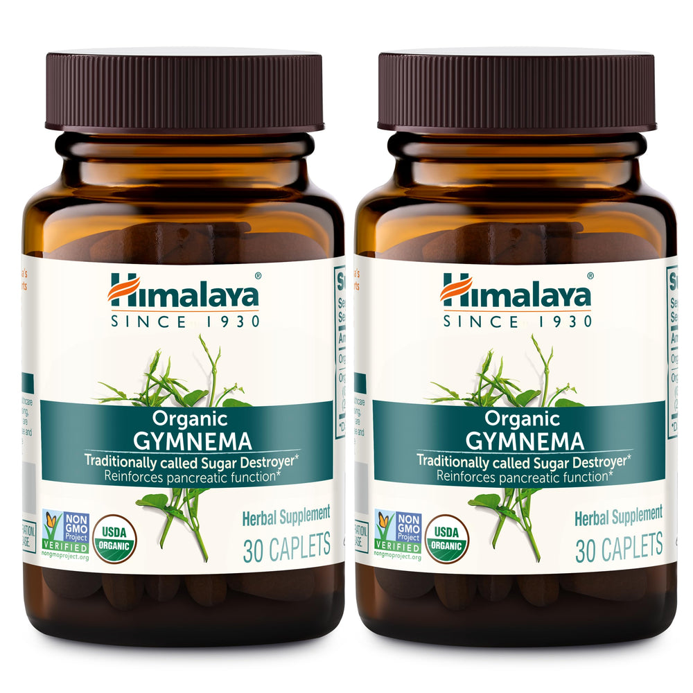 Himalaya Organic Gymnema Sylvestre bottle for convenient daily use supporting carbohydrate metabolism.