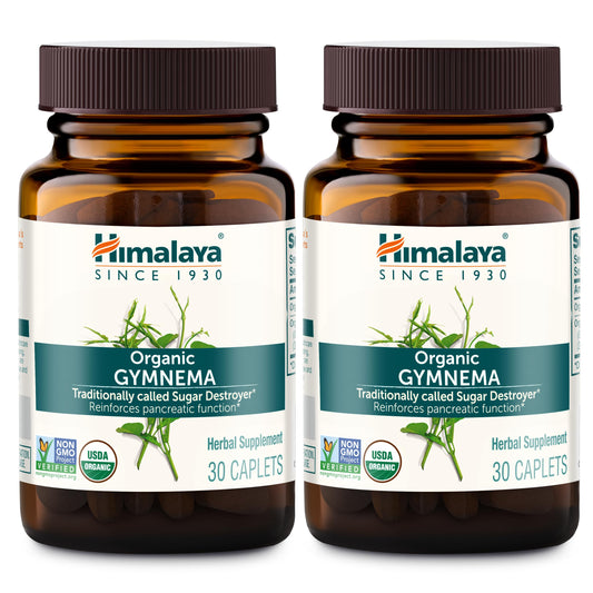 Himalaya Organic Gymnema Sylvestre bottle for convenient daily use supporting carbohydrate metabolism.