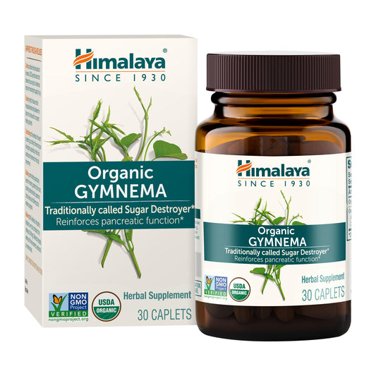 Close-up of Himalaya Gymnema Sylvestre caplets with 700 mg per caplet detail.