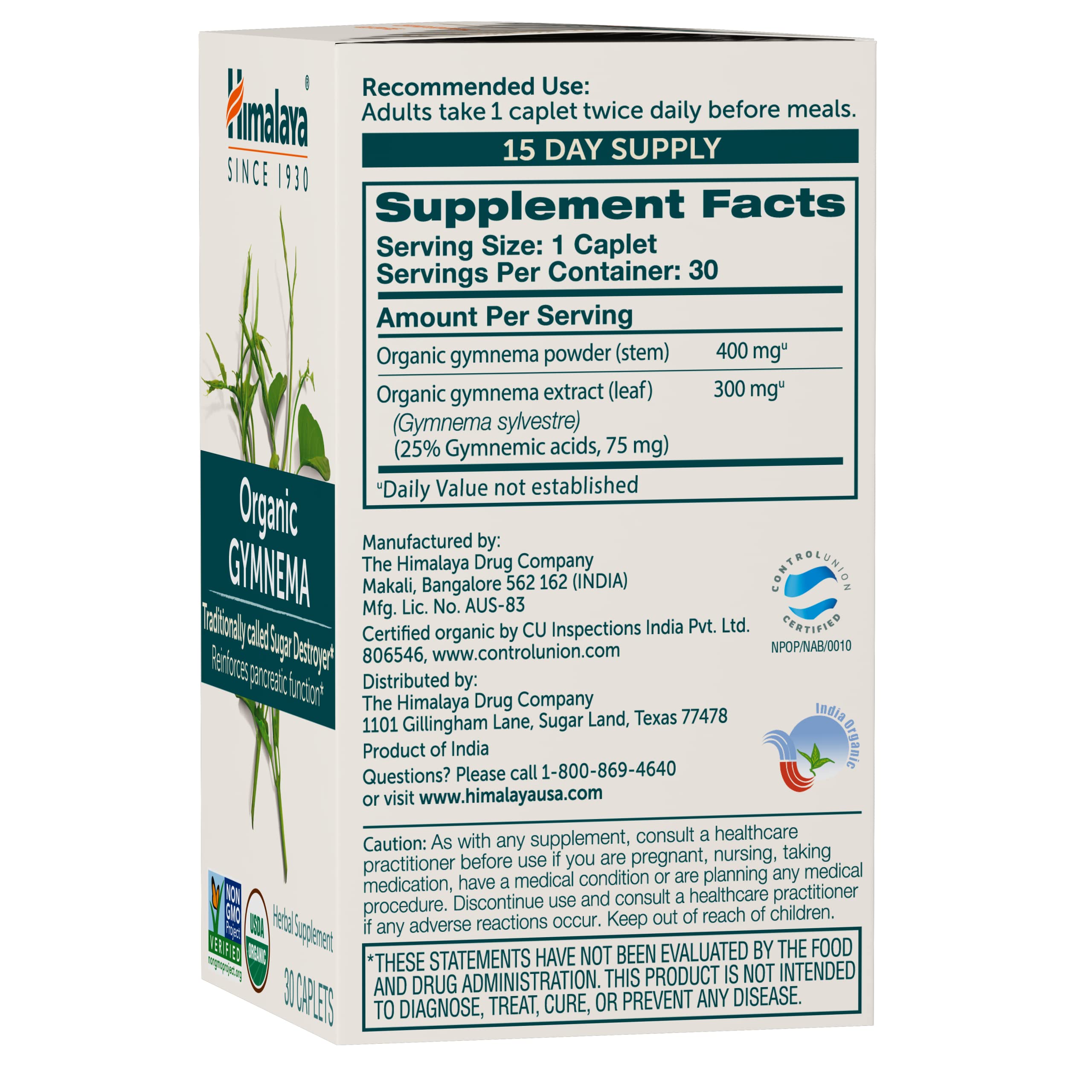 Himalaya Gymnema Sylvestre label back showing organic and non-GMO certification.