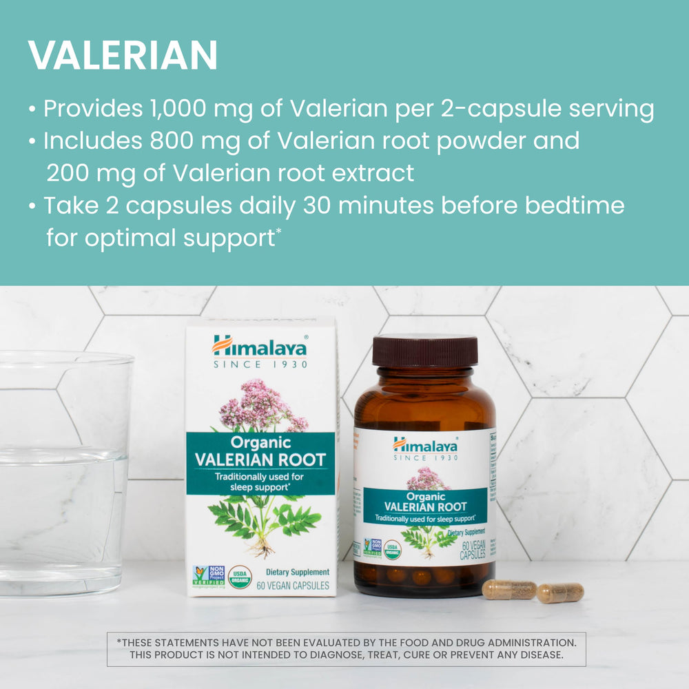 Himalaya Organic Valerian Root powder and extract blend illustration.