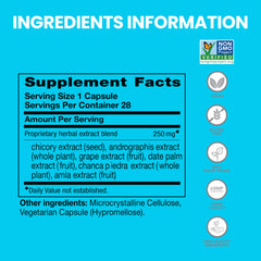 Himalaya PartySmart ingredients blend with Andrographis, Chicory, Grapes and Dates for acetaldehyde support.