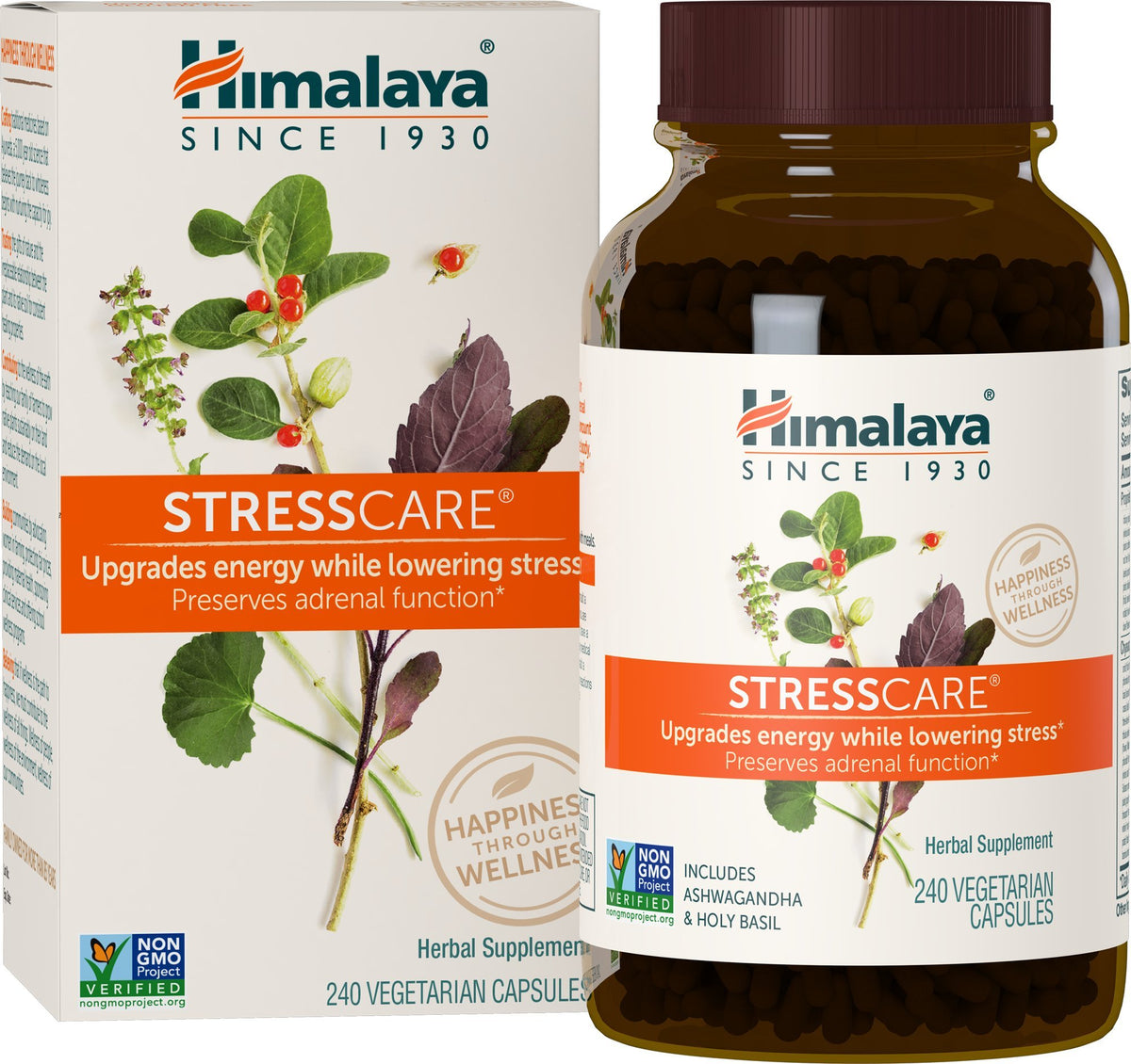 Himalaya StressCare capsules bottle close-up highlighting daily stress support potential.