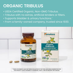 Himalaya Tribulus Terrestris label detail emphasizing organic, gluten-free formulation.