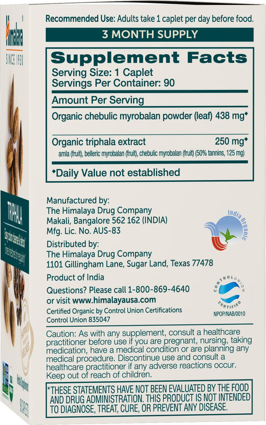 Himalaya Triphala bottle closeup caplets emphasizes convenient capsules for daily use.