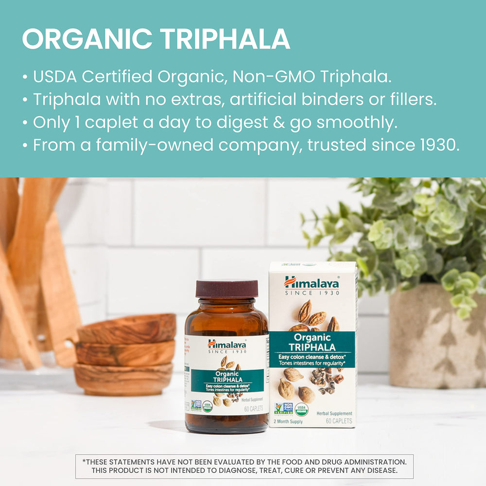Himalaya Triphala capsules pouring demonstrates easy daily intake for digestive wellness.