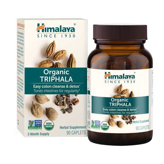 Himalaya Triphala packaging bottle shows the organic formula for daily digestion.