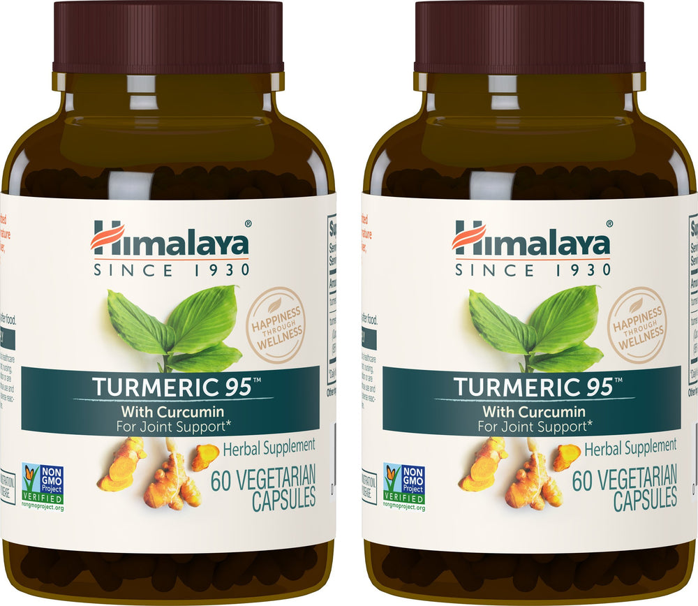 Himalaya Turmeric 95 bottle-front showing vegan capsules for joint support.