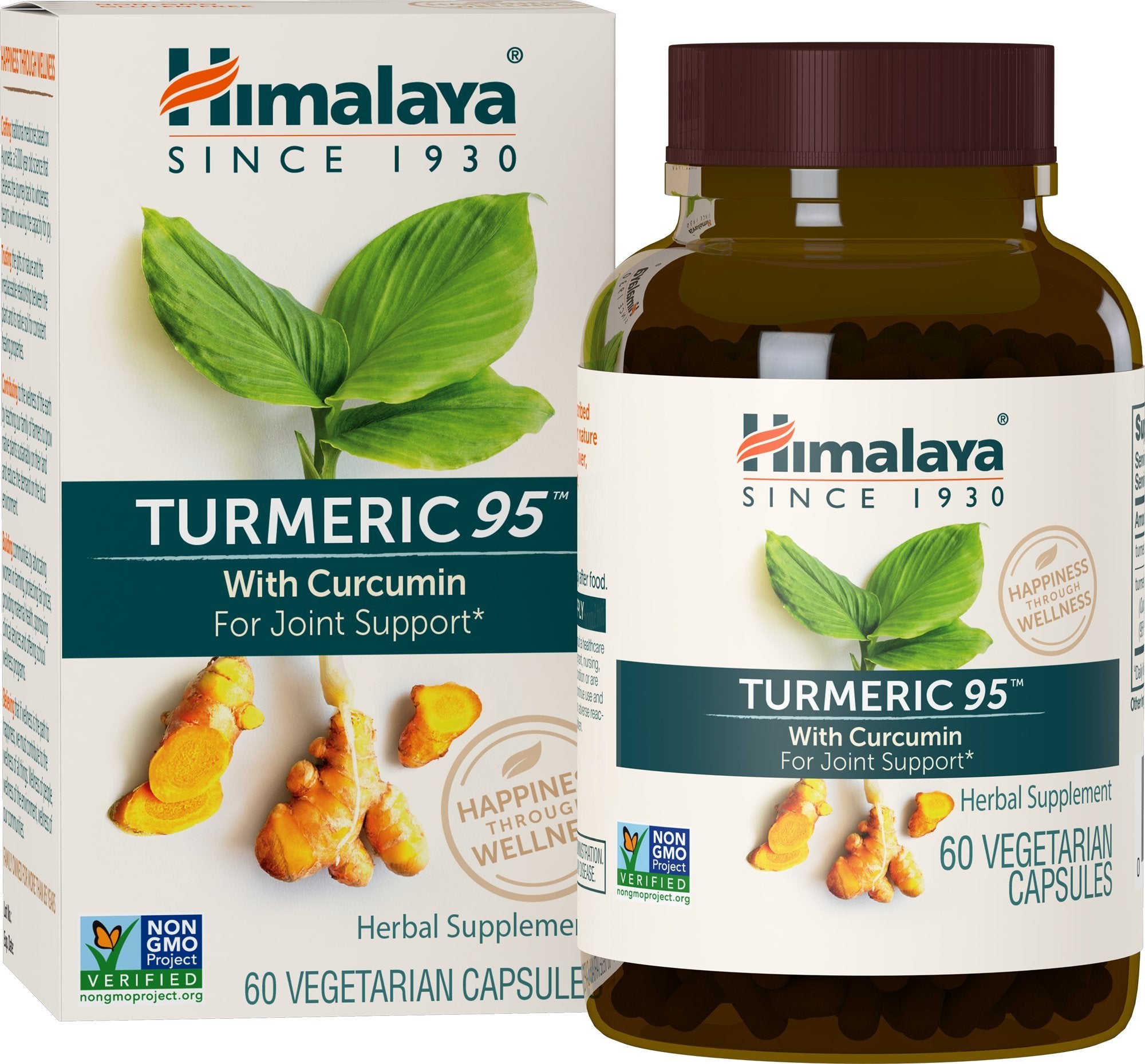Himalaya Turmeric 95 capsules-closeup highlighting 95% curcuminoids potency.