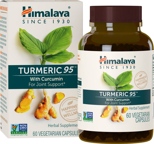 Himalaya Turmeric 95 capsules-closeup highlighting 95% curcuminoids potency.