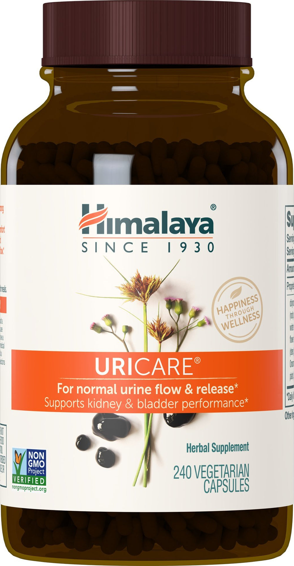 Himalaya UriCare bottle label highlighting caffeine-free urinary support.