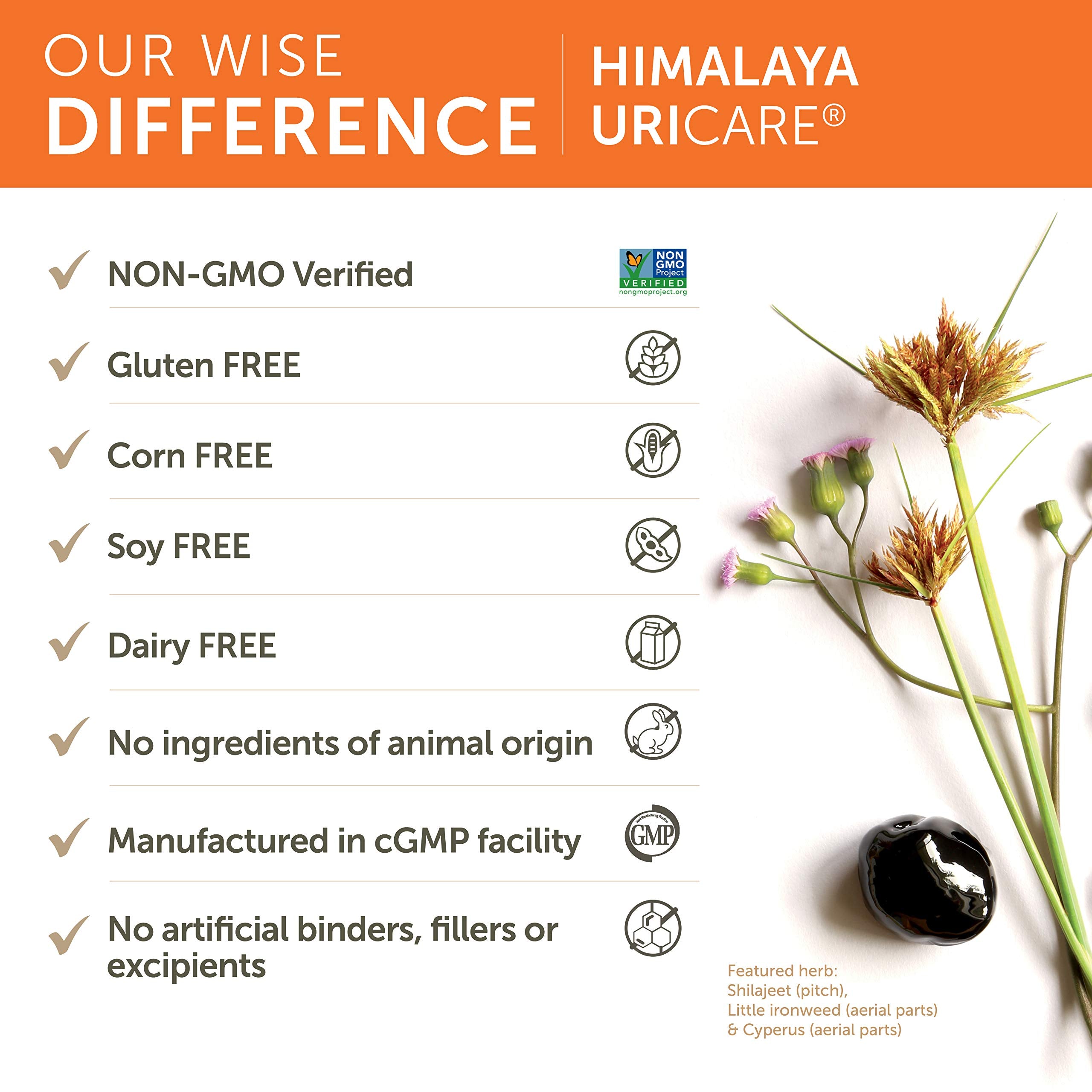 Product certifications on UriCare packaging, including gluten-free and Non-GMO badges.