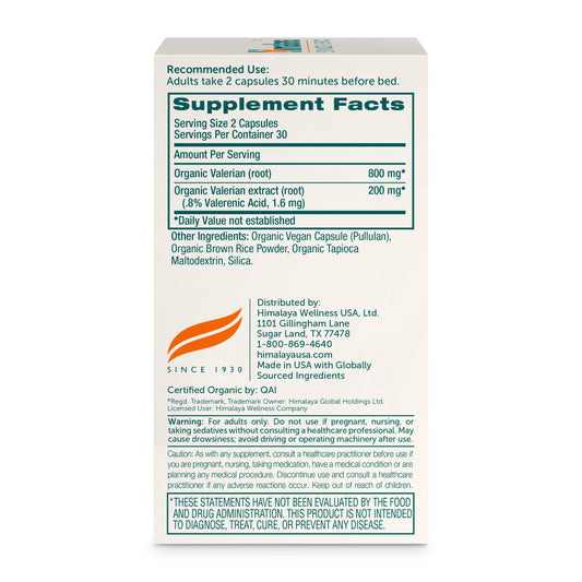 Himalaya Valerian Root capsules close-up showing vegan, 1000 mg per serving.