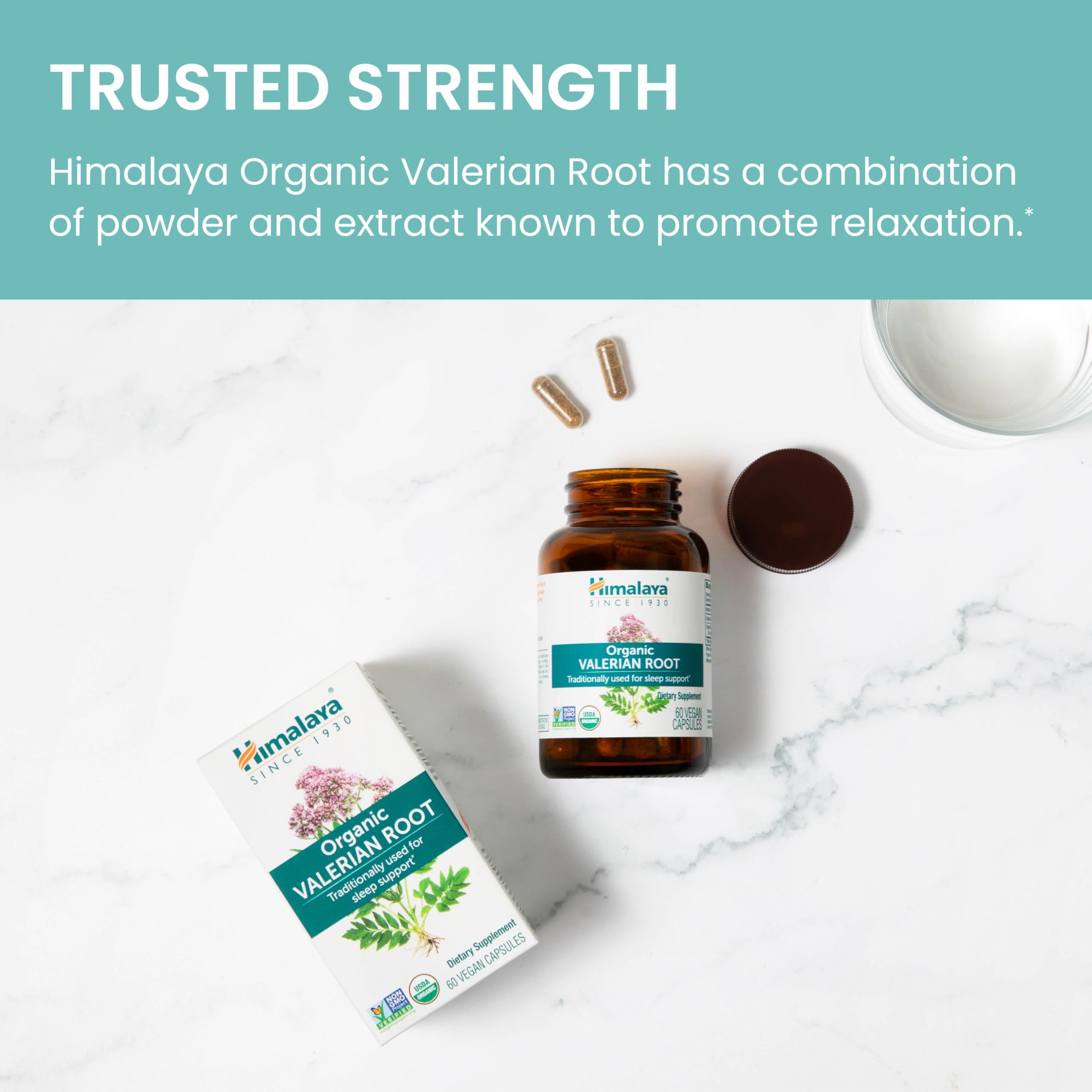 Himalaya Valerian Root ingredients graphic emphasizing organic herbs.