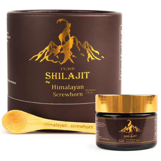 Himalayan Screwhorn Shilajit resin jar showing pure, organic vitality
