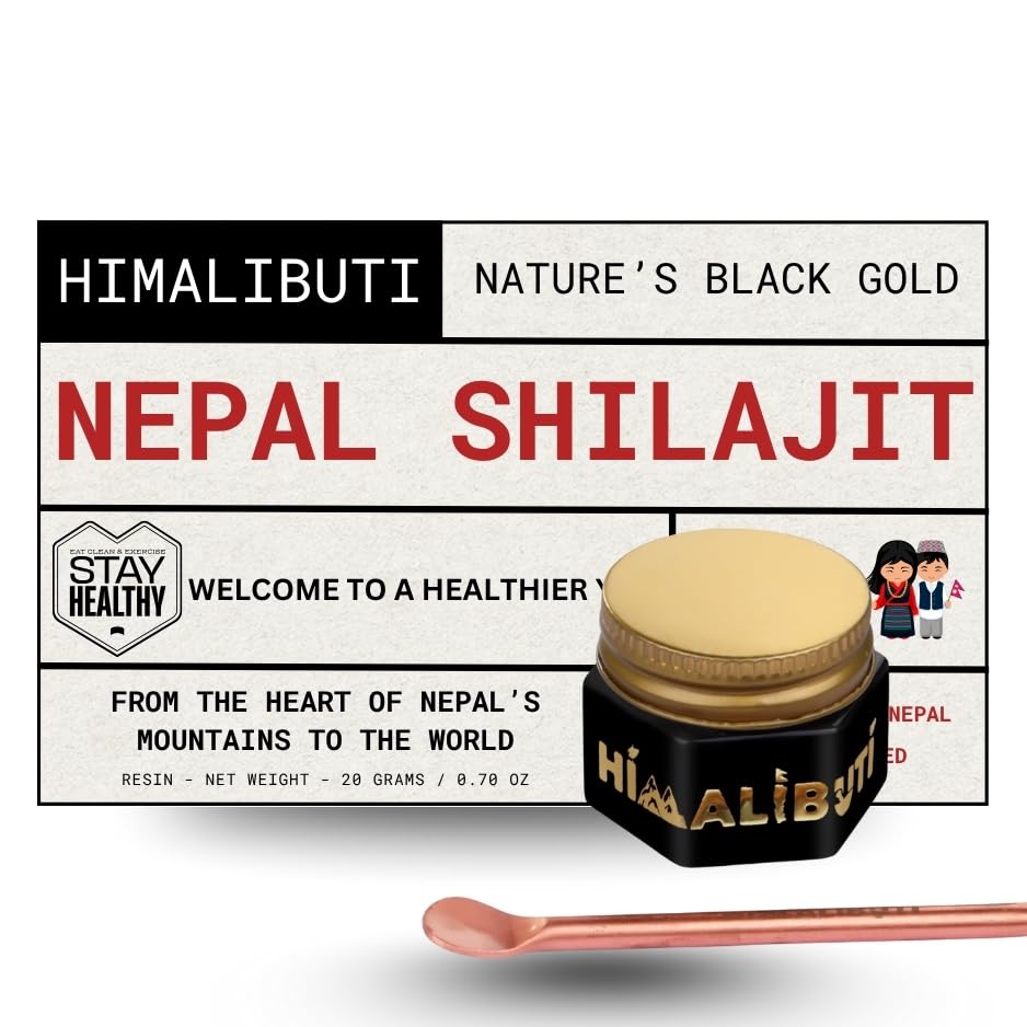 HIMALI BUTI Shilajit resin bottle on desk highlighting purity for daily energy.