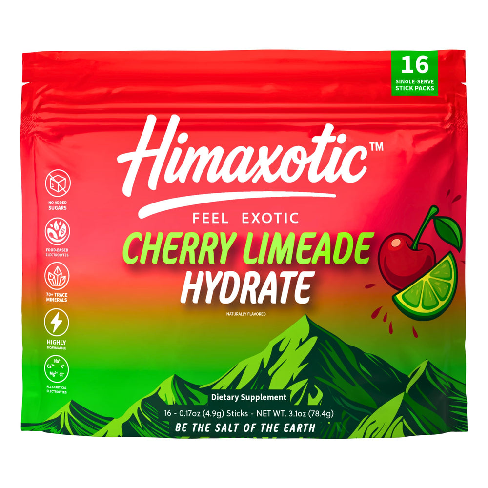 Himaxotic Cherry Limeade Hydrate single-serve stick in packaging for on-the-go hydration