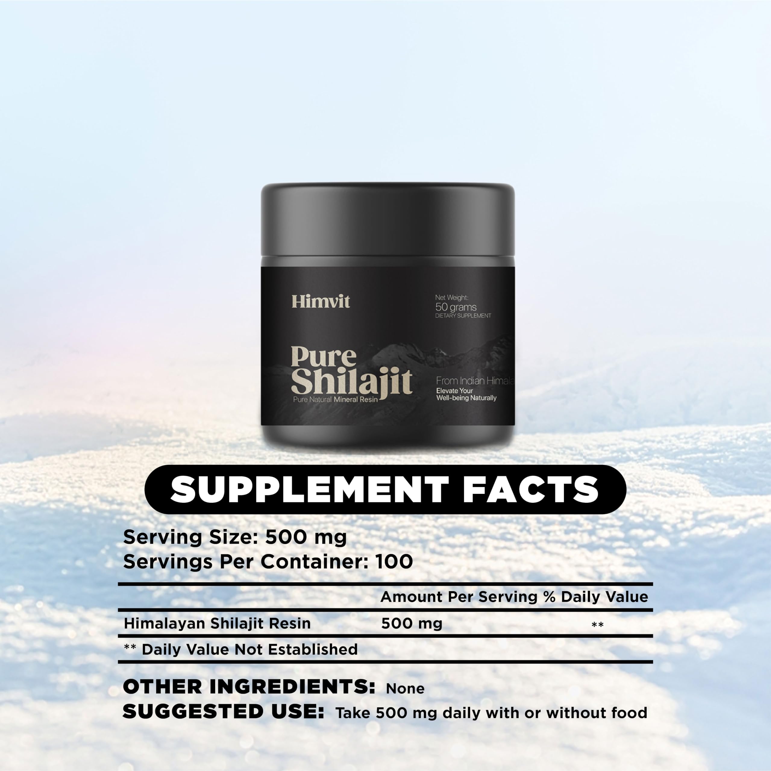 Himvit Shilajit resin from high-altitude Himalayas emphasizes natural minerals.