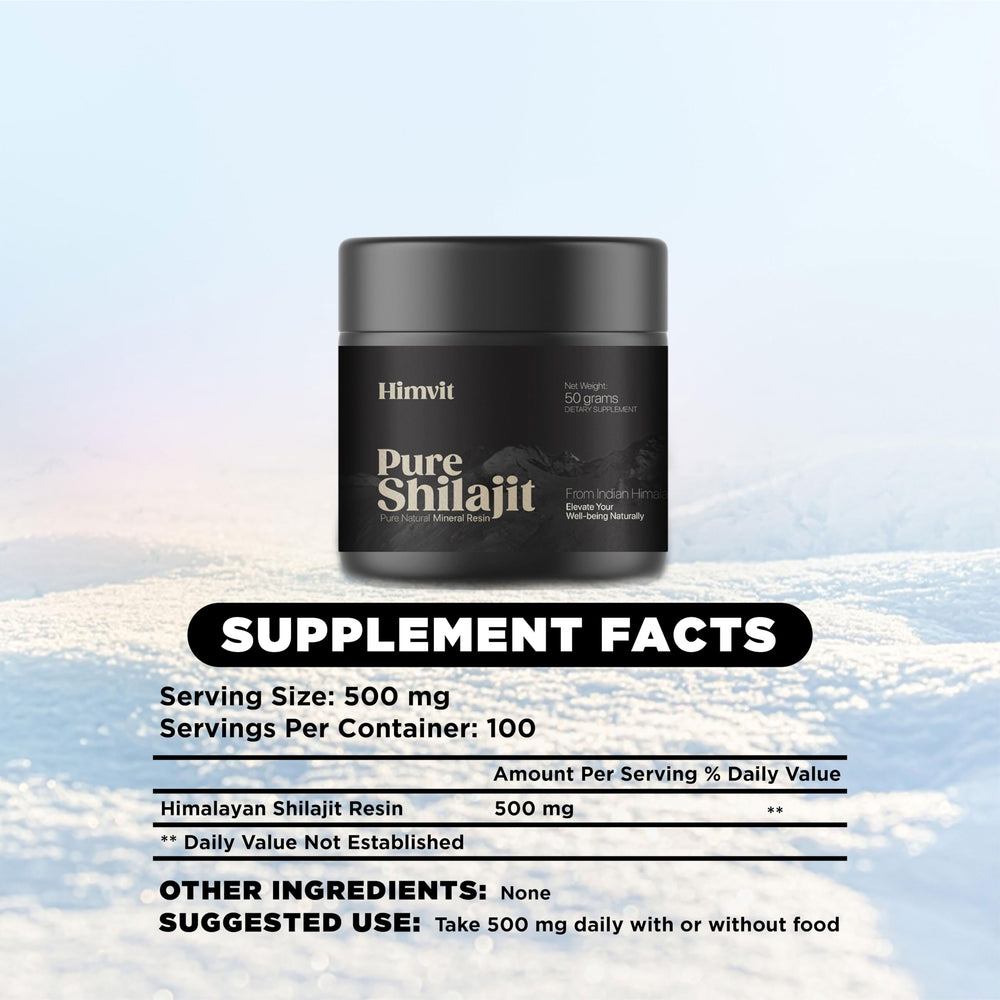 Himvit Shilajit resin from high-altitude Himalayas emphasizes natural minerals.