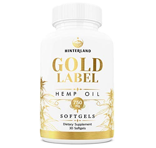 Hinterland Gold Label hemp oil softgels bottle front for premium daily wellness.