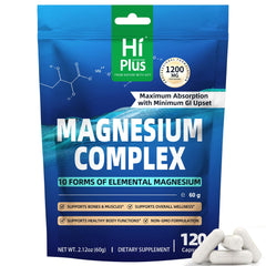 HiPlus Magnesium Complex bottle showing ten forms for daily magnesium support