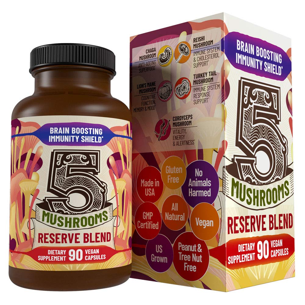 Hippie Farms 5 Mushrooms Reserve bottle pour for easy daily intake and immune support.