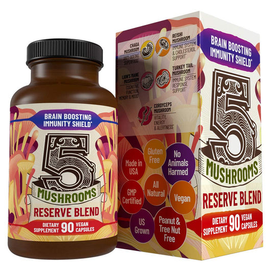 Hippie Farms 5 Mushrooms Reserve bottle pour for easy daily intake and immune support.
