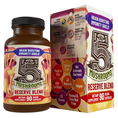 Hippie Farms 5 Mushrooms Reserve bottle pour for easy daily intake and immune support.