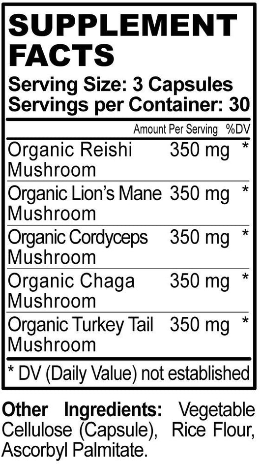 Hippie Farms 5 Mushrooms Reserve capsule closeup showing a natural blend for cognitive and energy support.