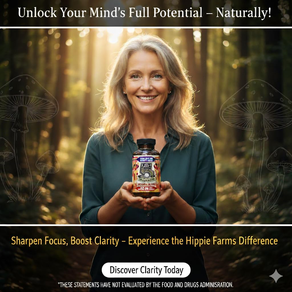 Hippie Farms 5 Mushrooms Reserve label detail emphasizes USA-grown, clean nutrition for overall wellness.