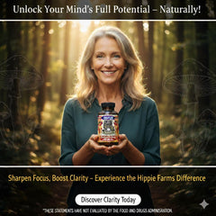 Hippie Farms 5 Mushrooms Reserve label detail emphasizes USA-grown, clean nutrition for overall wellness.
