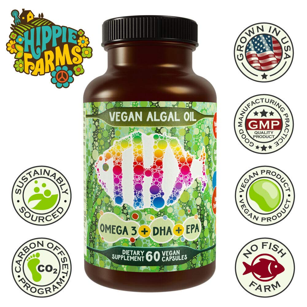 Pouring Hippie Farms algae oil to highlight fish-free, clean-tasting supplement.