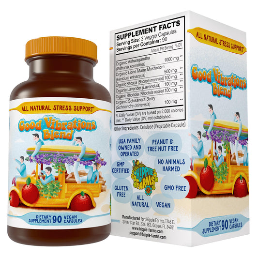 Hippie Farms Good Vibrations bottle closeup for natural stress support.