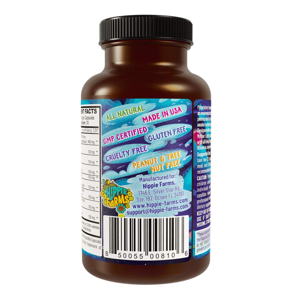 Herbal components like lemon balm and valerian root on Hippie Farms packaging.