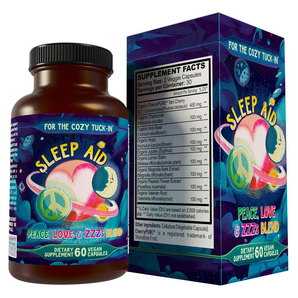 Hippie Farms melatonin-free sleep aid bottle on a nightstand offering calm, natural rest.