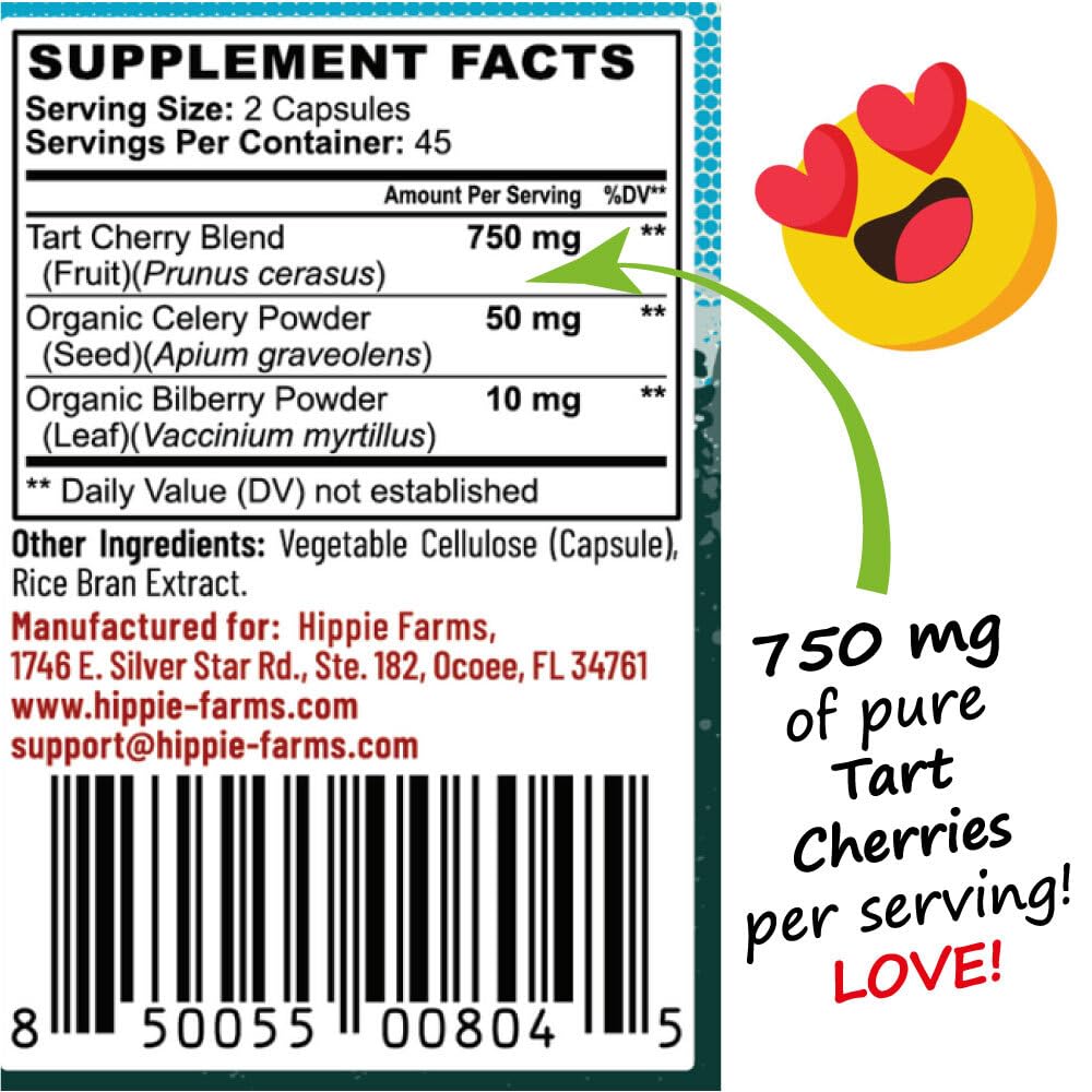 Hippie Farms Tart Cherry Powder Bilberry bottle shows daily wellness blend.