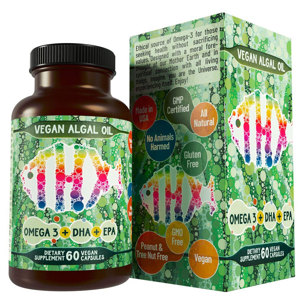 Hippie Farms vegan omega-3 bottle showing sustainable algae sourcing for daily use.