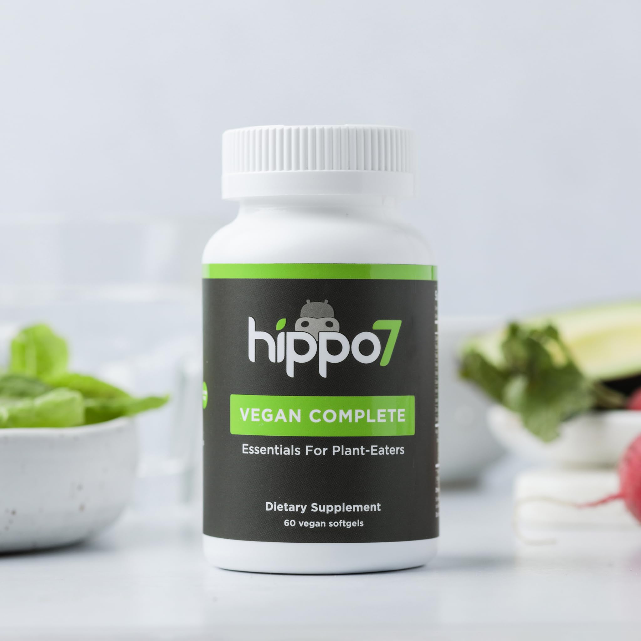 Hippo7 multivitamin nutrition label highlights key nutrients for vegan planning.