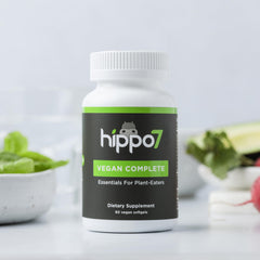 Hippo7 multivitamin nutrition label highlights key nutrients for vegan planning.