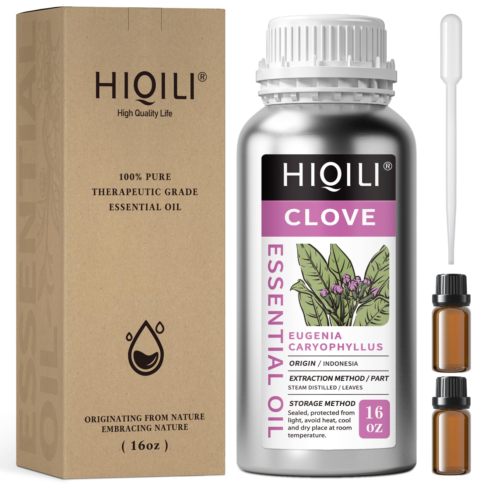 HIQILI clove essential oil in amber bottle suitable for aromatherapy and diffusion.