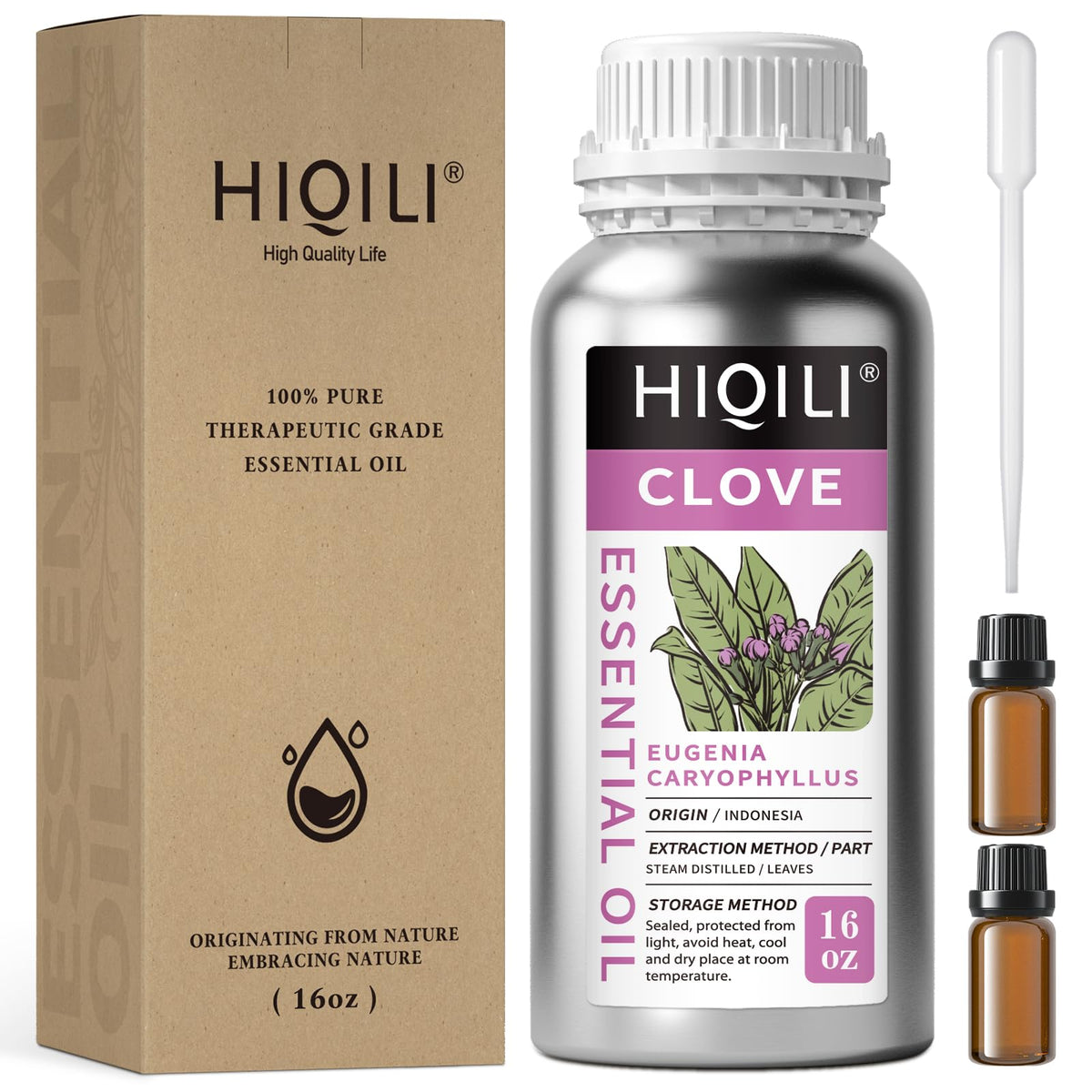 HIQILI clove essential oil in amber bottle suitable for aromatherapy and diffusion.