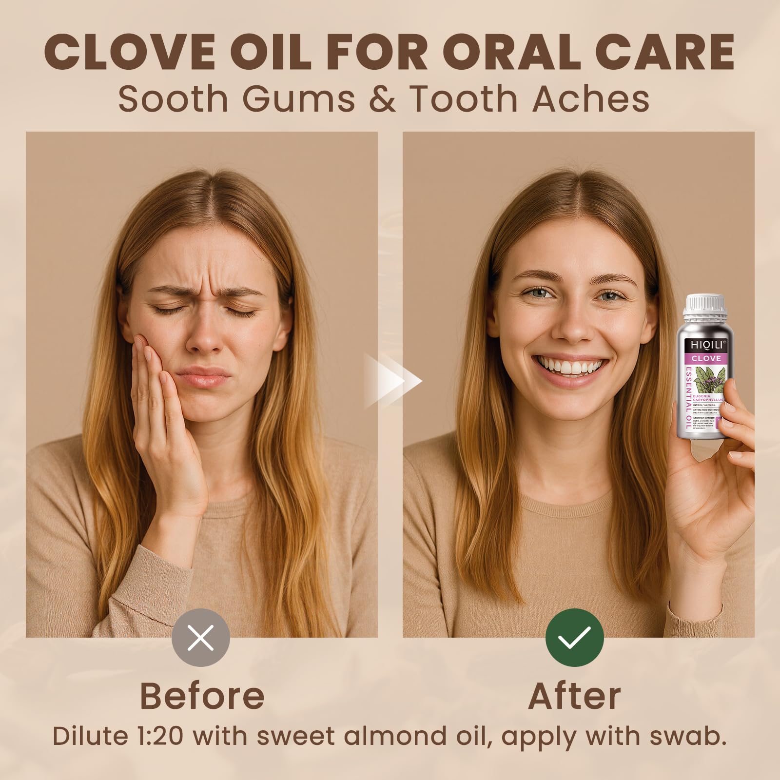 HIQILI clove essential oil beside a diffuser for room fragrance.