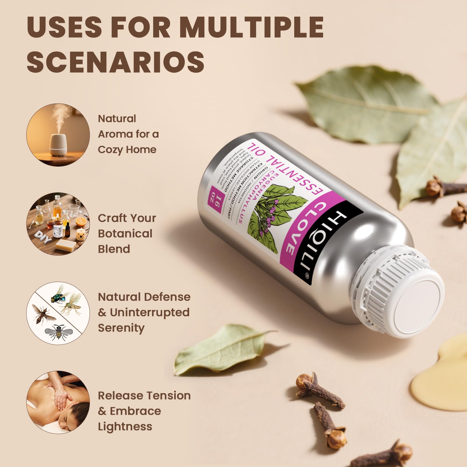 HIQILI clove essential oil supports hair care with a warm scent.