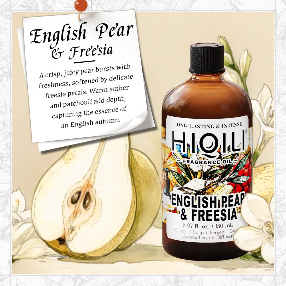 HIQILI English Pear & Freesia fragrance oil label close-up shows branding and color.
