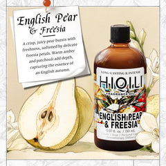 HIQILI English Pear & Freesia fragrance oil label close-up shows branding and color.