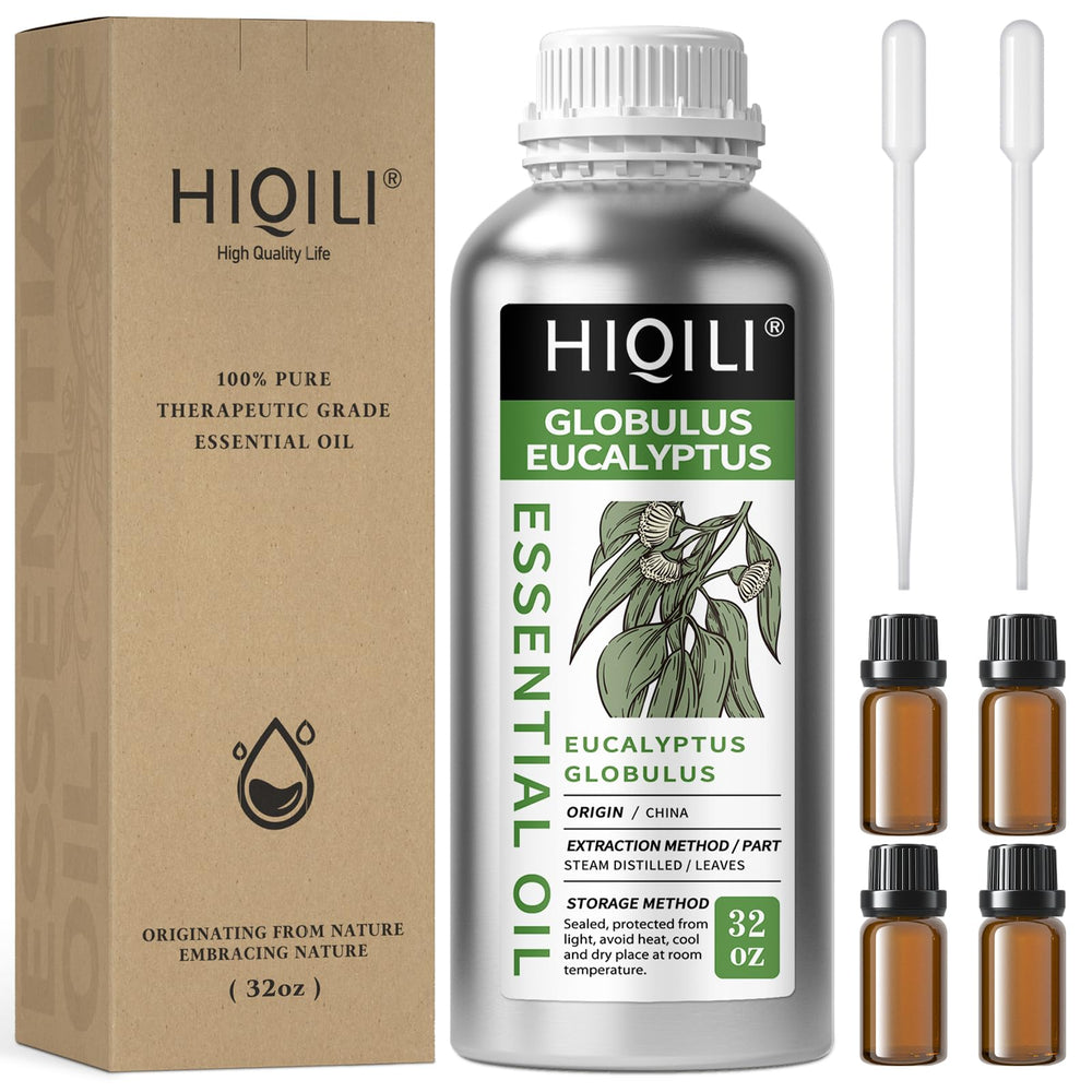 HIQILI eucalyptus essential oil bottle close-up showing purity for diffusers and skin care