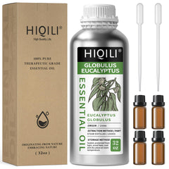 HIQILI eucalyptus essential oil bottle close-up showing purity for diffusers and skin care