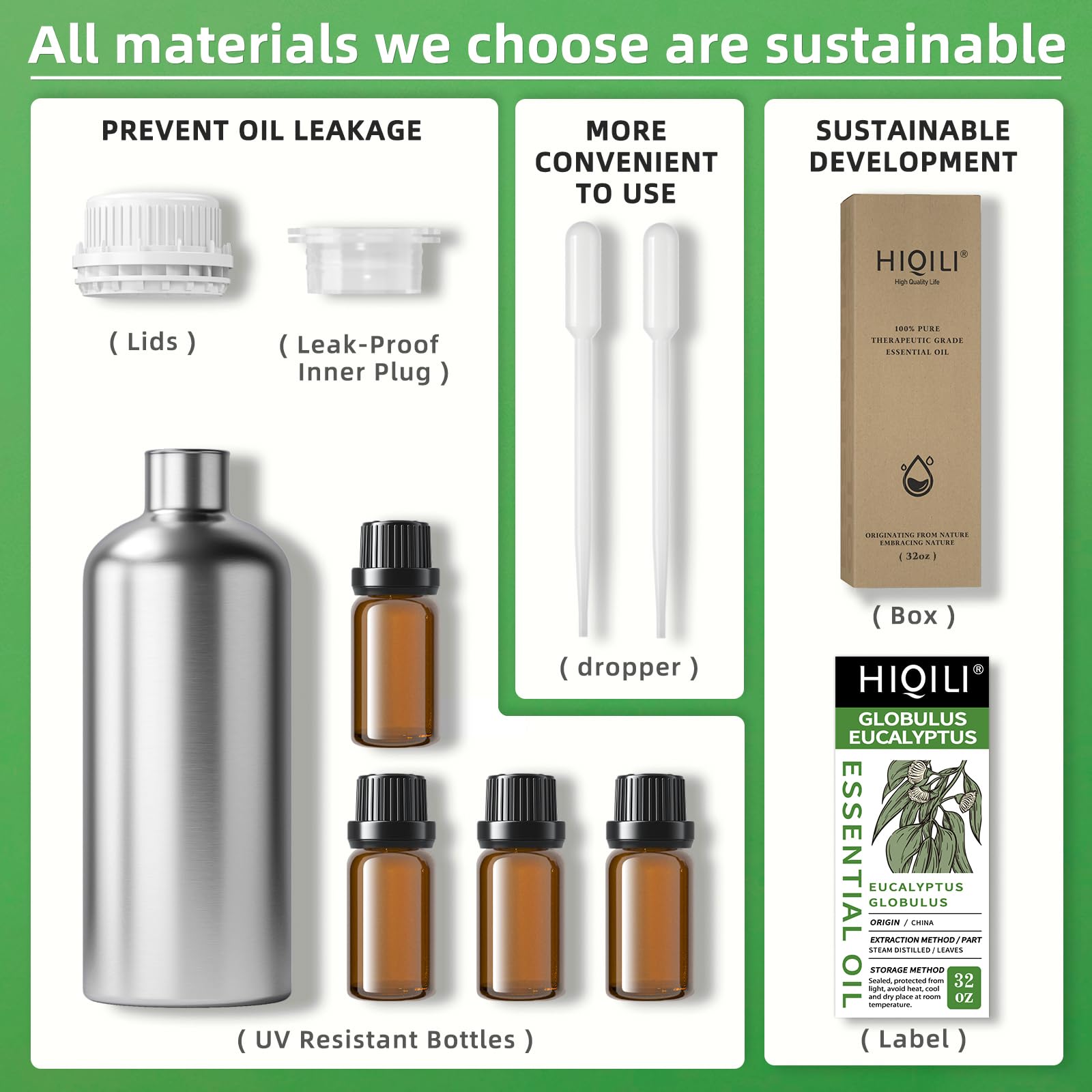 HIQILI eucalyptus oil packaging features four UV-protected bottles