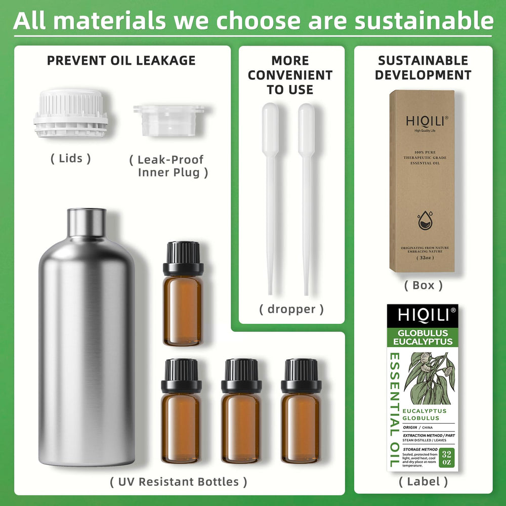 HIQILI eucalyptus oil packaging features four UV-protected bottles