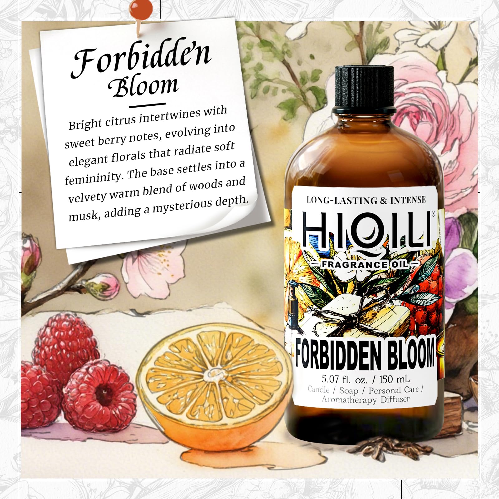 Close-up of the Forbidden Bloom label on HIQILI fragrance oil.